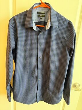 Murano Men's Black and Blue Checked Dress Shirt Size L